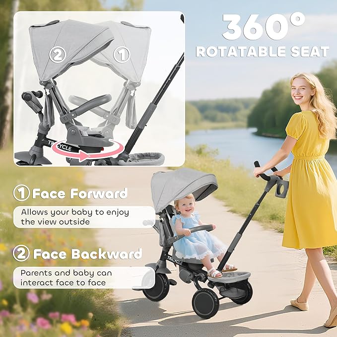 Qaba Kids Tricycle, 6 in 1 Foldable Baby Trike with Adjustable Push Handle, Tricycle Stroller with Removable Canopy, Reversible Seat, Safety Harness, Detachable Guardrail, Storage for 1-5 Years, Gray