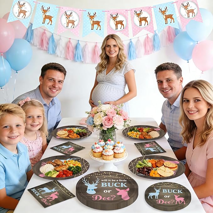 96Pcs Buck or Doe Gender Reveal Party Decorations Rustic Wood Themed Plates and Napkins Blue Pink Deer Disposable Paper Tableware Set for Boy or Girl Gender Reveal Party Supplies Serves 24