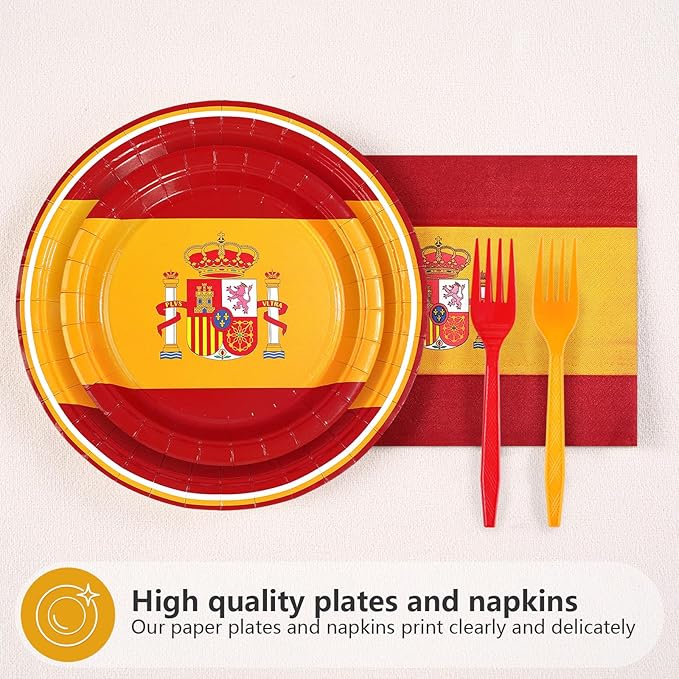 96 Pcs Spain Flag Party Decorations Disposable Spanish Flag Paper Plates and Napkins Spanish National Day Tableware Set for Country Decoration Patriotic Festival Party Supplies, Serves 24