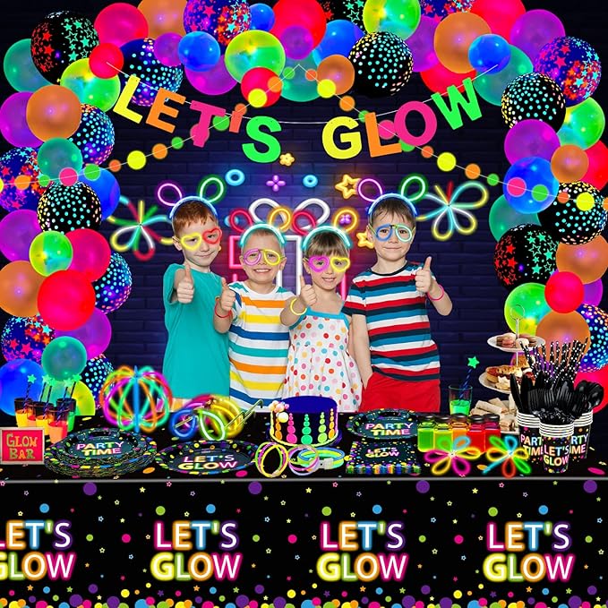 458 Pcs Glow Party Supplies - Include Balloons, Banner, Glow Sticks, Tableware and Tablecloths for Neon Party Decorations, Serves 20