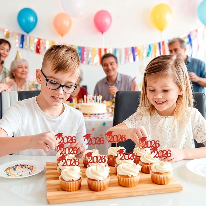 24 Pcs graduation cupcake toppers 2026, Food/Appetizer Picks For Graduation Party Mini Cake Decorations, 2026 Cupcake Toppers(Red)