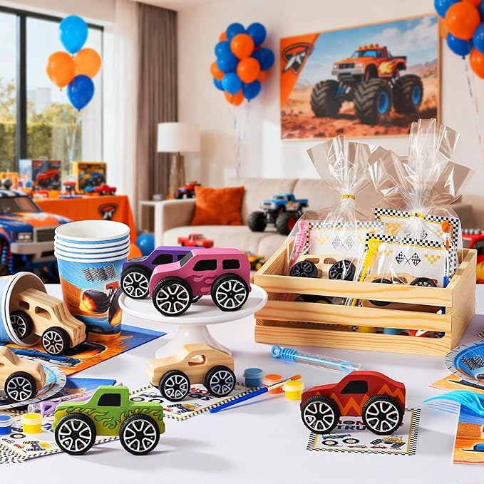12 PCS Monster Truck Party Favors & DIY Craft Kit - Unfinished Wooden Truck Painting Set with Bubble Wands, Paints, Brushes & Cards - Birthday Party Favors for Kids, Boys & Girls, Classroom Rewards