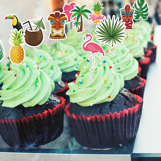 50 Pcs Tropical Cake Sticks, Disposable Tiki Flamingo Pineapple Palm Leaf Cake Toppers, Luau Cake Decorations for Summer Hawaiian Aloha Theme Events, Birthday, Wedding Party Supplies