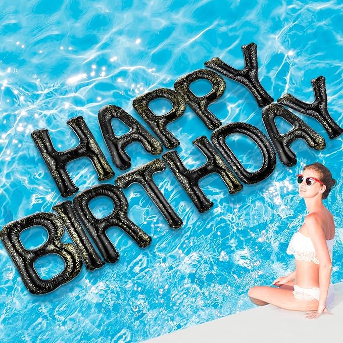 Shappy 20'' Happy Birthday Pool Large Floating Letter Balloons with Adhesive Dots Inflatable Pool Decorations for Summer Birthday Party