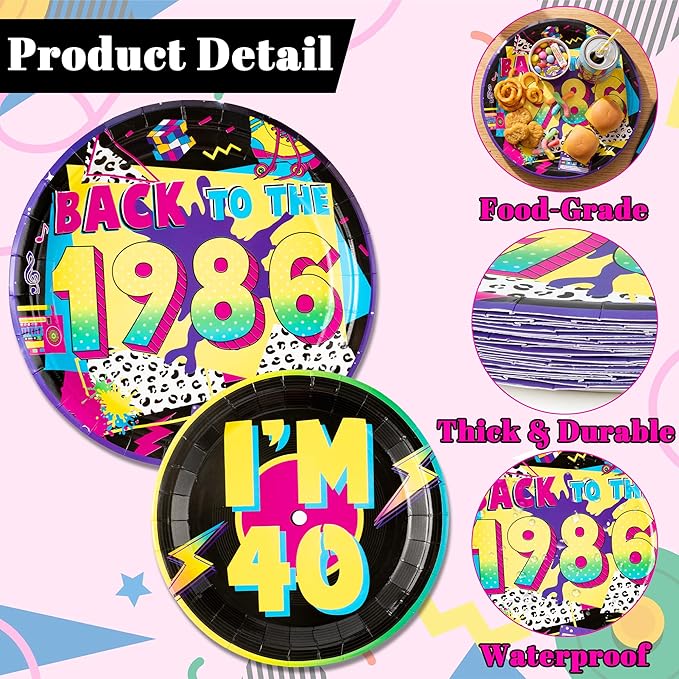 Haooryx 1986 40th Birthday Party Tableware - 96Pcs 80S Vintage Black Birthday Party Decor Supplies Back in 1986 Disposable Paper Plates Napkins Plastic Forks for Men Women 40 Years Old Birthday Party