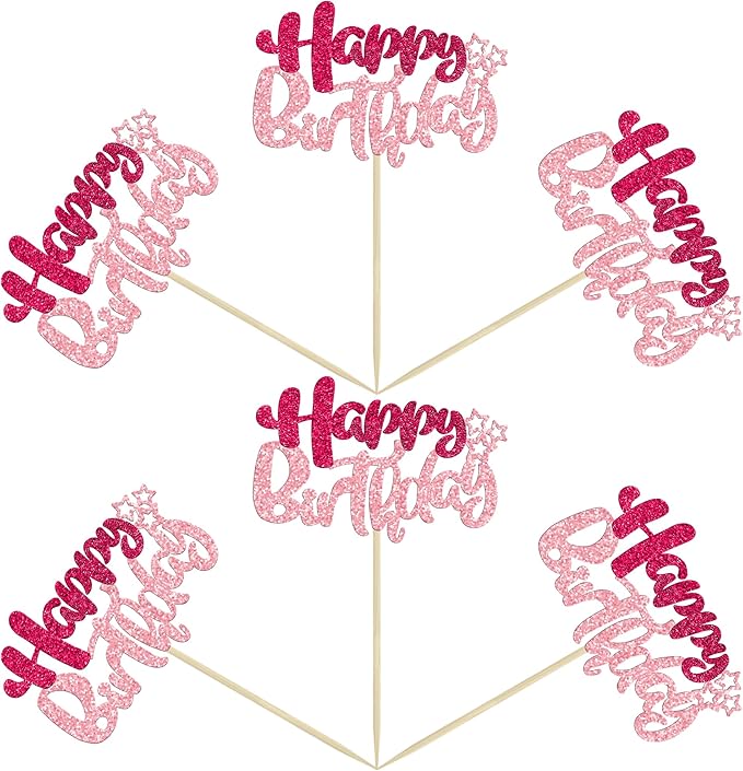 Ephlyn 24Pcs Happy Birthday Cupcake Toppers Double Layer Glitter Happy Birthday Cake Decorations for Celebrating Baby Shower Theme Kids Boys Girls Birthday Anniversary Party Supplies Rose Red Pink
