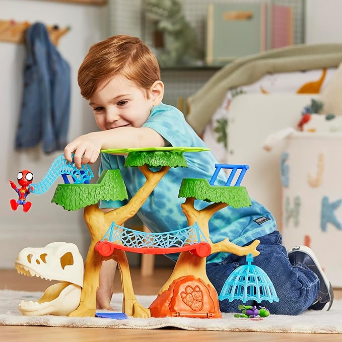 Marvel Spidey and His Amazing Friends Dino-Webs Treehouse Playset, Spider-Man & Goblin Raptor 4-Inch-Scale Action Figure Set, Ages 3 & Up