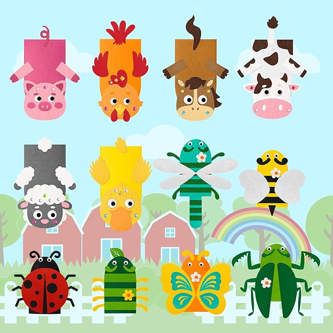 WATINC 12Pcs Hand Puppet Making Kit, Art Craft Felt Sock Puppet Toys, Creative DIY Make Your Own Pompoms Wiggle Googly Eyes Storytelling Role Play Party Supplies Gift for Girls Boys (Insect A Farm A)