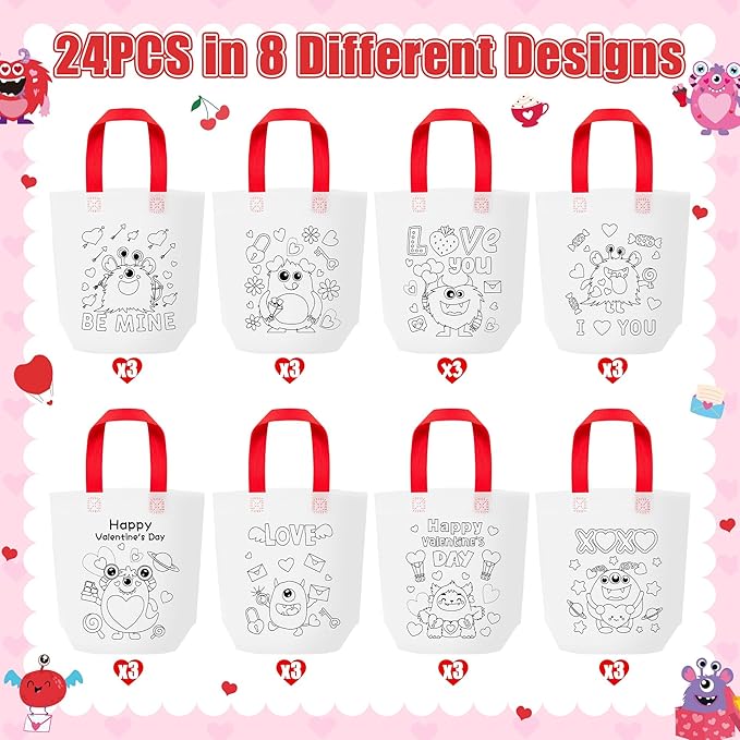 Valentine's Day Coloring Goodie Bag for Kids - 24Pcs Cute Monster Bulk Color Your Own Gift Bag with Handle Happy Valentine's Day Reusable Coloring Non Woven Tote Bag for DIY Painting Craft Party Favor