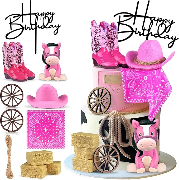 Cowgirl Cake Decorations Cowgirl Hat and Boot Cake Toppers Western Cowgirl Birthday Baby Shower for Western Theme Party Favors Supplies (Pink)