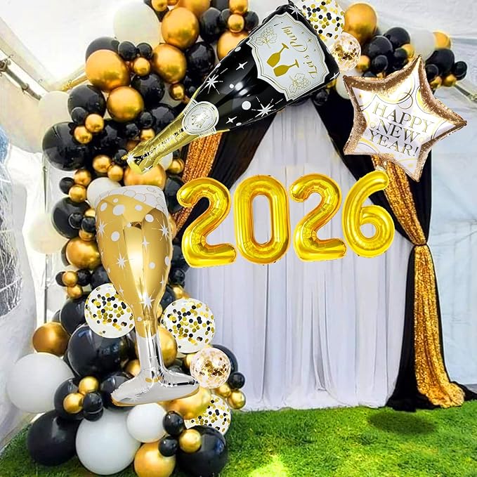 4 Pcs Champagne Balloons, Huge Black Gold Champagne Bottle Goblet Aluminum Foil Balloons for Birthday, Bachelorette, Graduation, Anniversary, 2026 New Years Eve Party Decorations Supplies