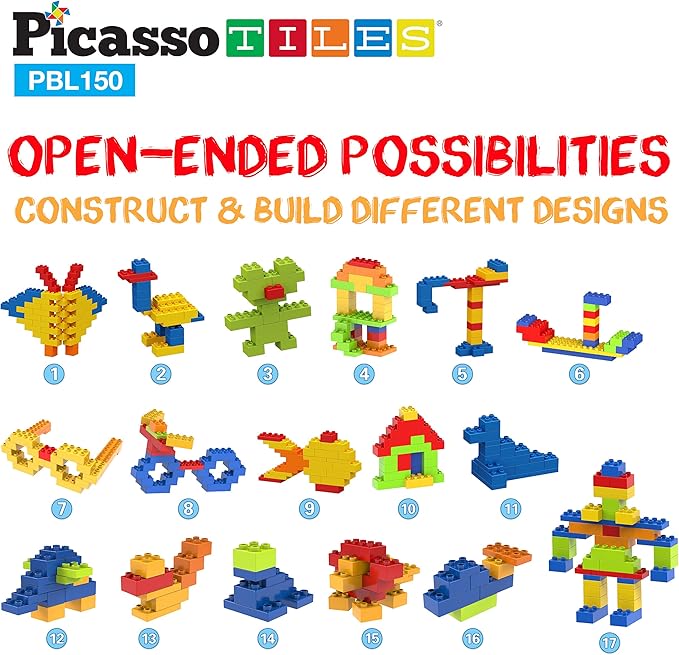PicassoTiles 150 Piece Large Construction Brick Building Blocks STEM Bricks Toy Set Creative Learning Early Education Playset 5 Colors 4 Unique Shapes Mix & Match Toys for Kids Boys Girls Child Age 3+
