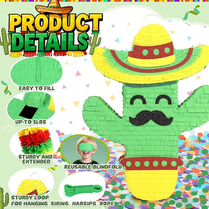Cactus Pinata for Cinco De Mayo Fiesta Party Decorations, Large 21" Mexican Theme Paper Mache Pinata for Birthday, Taco Bout A Party, Luau Event, Carnival Game Centerpiece with Fillers Support