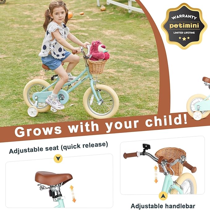 Petimini Vintage Kids Bike for Girls, 12–20 Inch Classic Bicycle with Wicker Basket & Bell, High Tensile Steel Frame, Training Wheels (12–18”), 85% Pre-Assembled, Retro Bike for Outdoor Riding