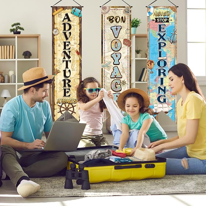 3 Pieces Travel Themed Party Decorations Adventure Awaits Banners Vintage Bon Voyage Porch Signs for Indoor Outdoor Graduation Retirement Hanging Backdrops Going Away Farewell Party Decor