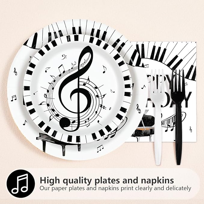 96Pcs Piano Happy Birthday Decoration Piano Music Themed Plates and Napkins Music Notes Keys Piano Disposable Paper Tableware Set for Adults Kids Musicians Birthday Party Supplies Serves 24