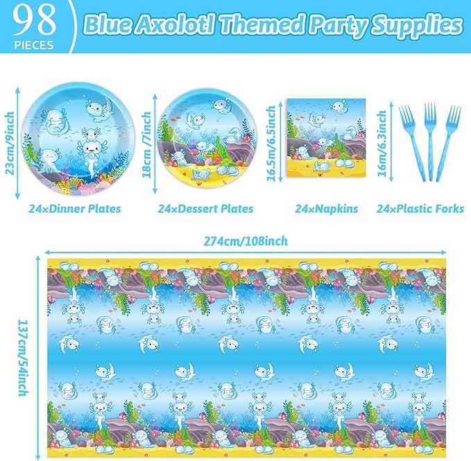 chiazllta 24 Guests Blue Axolotl Party Decoration Axolotl Birthday Party Supplies Favors Reptile Animals Tableware Set Disposable Plates Napkin Tablecloths for Axolotl Boys Decor 98 pcs