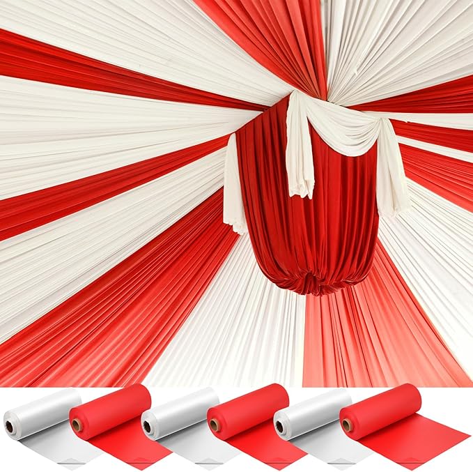 Moukeren 40'' x 100' Circus Tablecloth Roll Plastic Tablecloth Disposable DIY Carnival Tent Party Supplies for Big Top Tent Backdrop Curtains Ceiling Wall Drapes(White, Red,6 Roll)