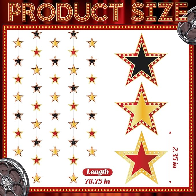 TaoBary 6 Pcs Movie Theme Star Garland Banner Decor Red Carpet Party Decorations Movies Theme Star Hanging Streamers Birthday Party Supplies Red Black and Gold Hanging Supplies Film Backdrop