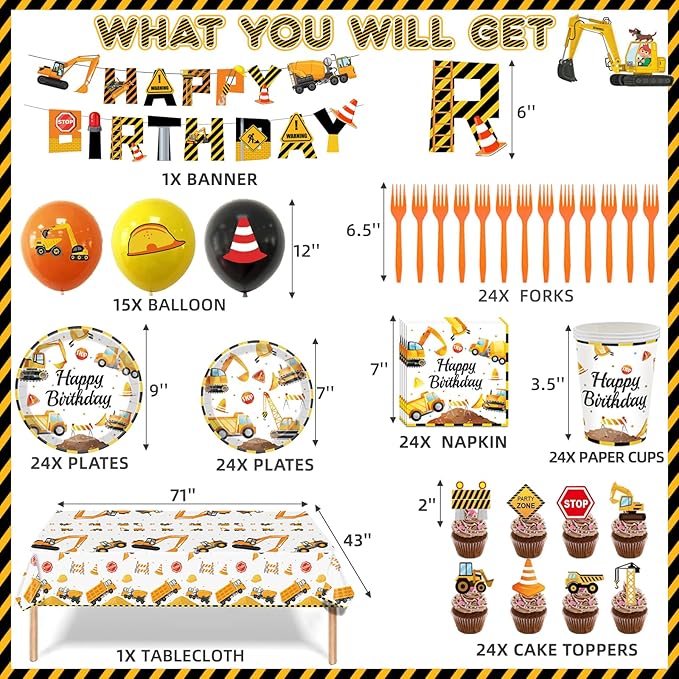 Construction Birthday Party Supplies for 24 Guests - Decorations Include Plates, Napkins, Cups, Tablecloth, Cake Toppers for Boys Construction Theme Birthday Party