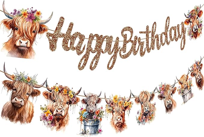 Brown Glitter Highland Cow Birthday Banner - Cattle Themed Party Decorations for Baby Shower Supplies
