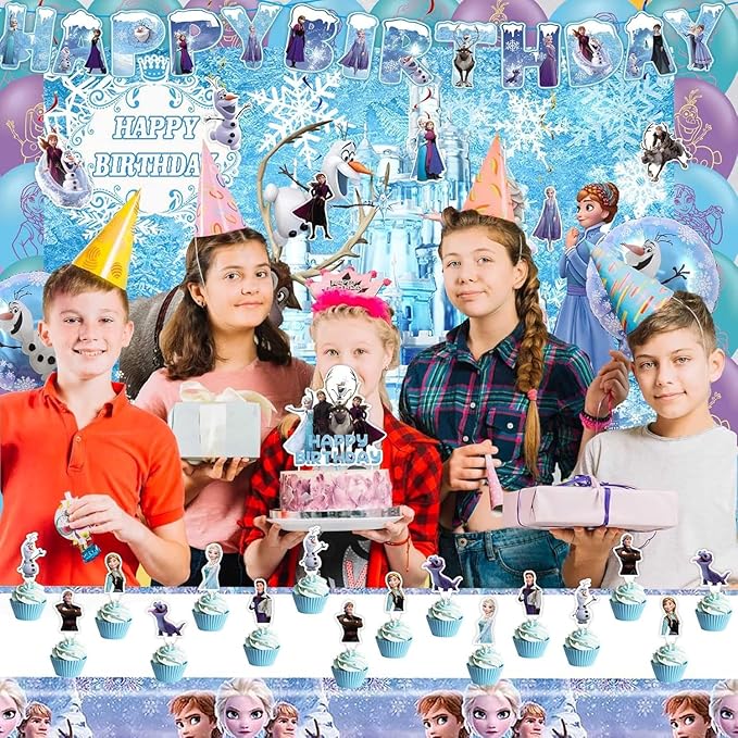 51Psc For Frozen theme party setup, easy to assemble decorations, including children's DIY cake toppers and background cloth sets, perfect for children's birthday parties.