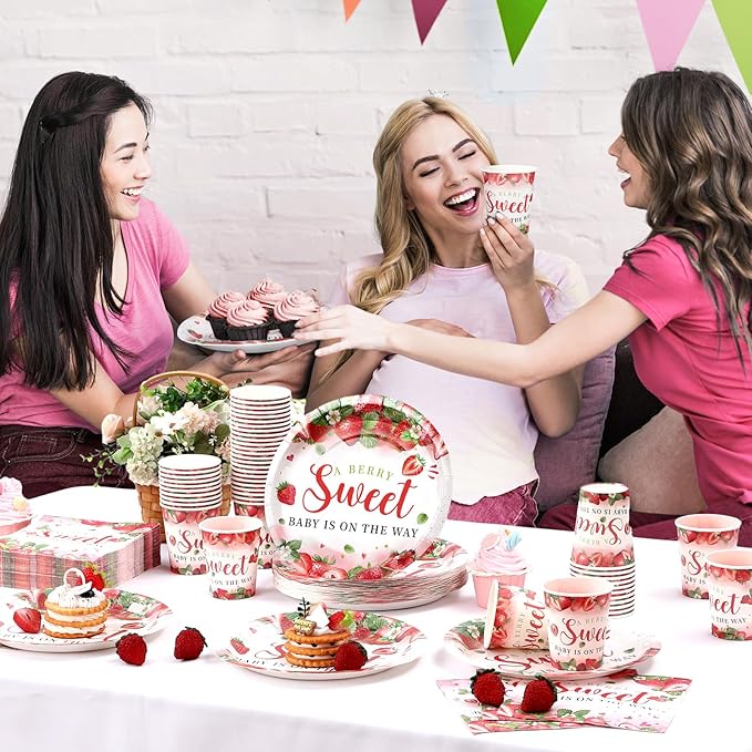 Hushee 200 Pcs Strawberry Baby Shower Paper Plates Napkins Cups Baby Shower Party Supplies Tableware Set a Berry Sweet Baby Is on the Way Disposable Plates for 50 Guest Girls Spring Summer Party