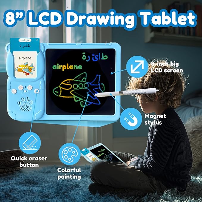 Drawing Tablet with Bilingual Flashcards for Kids - Arabic English Talking Flash Cards, LCD Writing Pad Board, Pocket Speech for Toddlers, Learning Toy Gift for Boys Girls (Arabic, Blue)