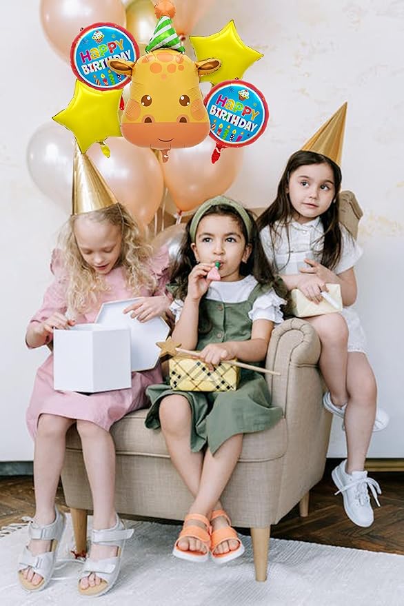 3D Giraffe Foil Animal Balloons Set,Kids Happy Birthday Party Decoration, Circle Star-Shaped Balloon,Jungle Themed Woodland Safari Animal Balloons 5Pcs