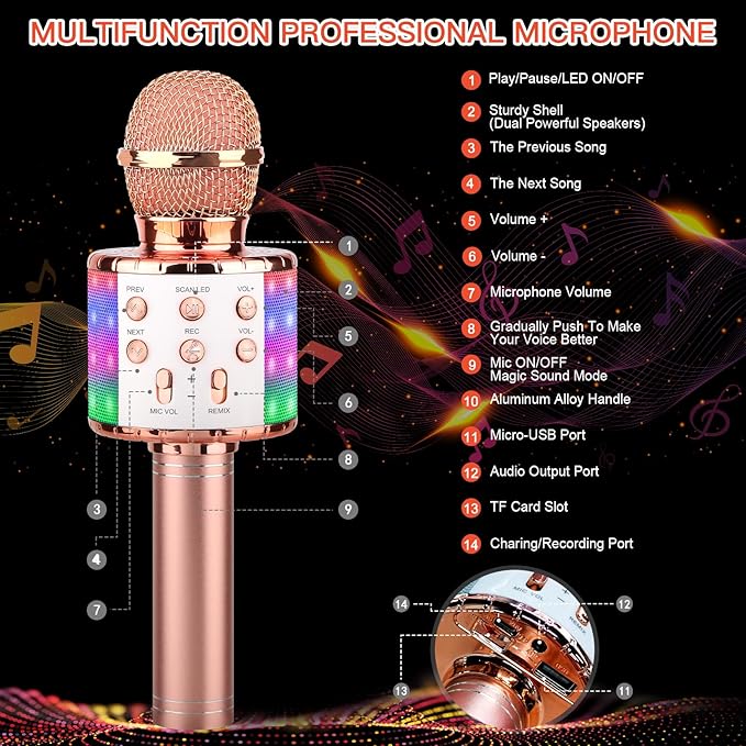 ShinePick Karaoke Microphone, 4 in 1 Wireless Microphone with LED Lights Handheld Portable Karaoke Machine, Home KTV Player, Compatible with Android & iOS Devices(Pink)