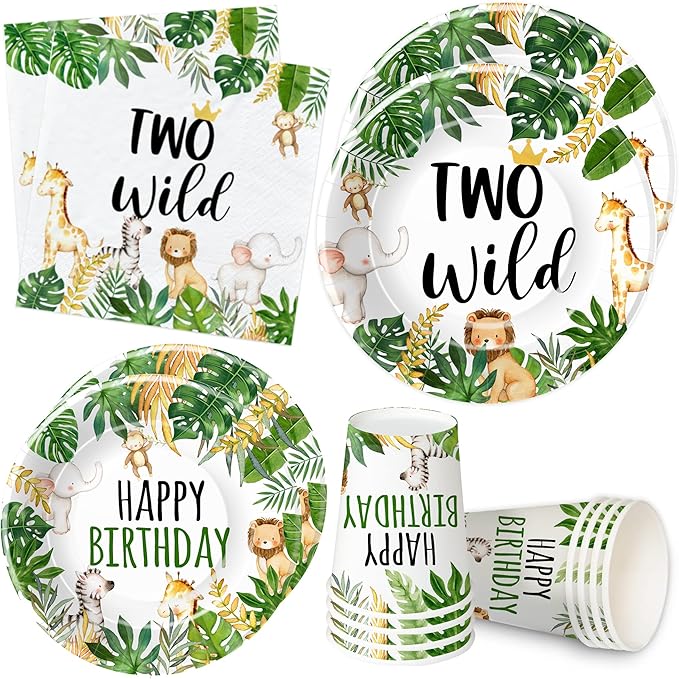 Jungle Animal Theme Two Wild Birthday Plates And Napkins Party Supplies - Safari Party Decorations For 2-Year-Old Birthday, Plate, Cup, Napkin | Serve 24
