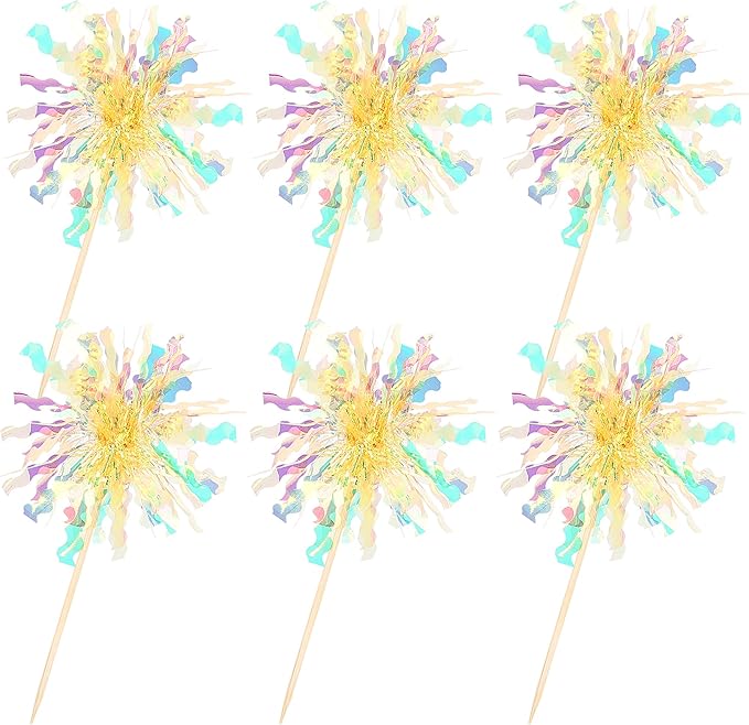 30 PCS Foil Firework Cupcake Toppers Sparkle Tinsel Cupcake Picks Happy Birthday Cake Decorations Drink Stirrers Cocktail Food Fruit Toothpicks for Baby Shower Graduation Party Supplies Yellow