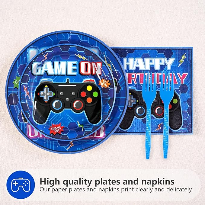 Grencian 96 Pcs 8th Video Game Birthday Party Decorations Blue Video Game Level 8 Birthday Plates and Napkins Tableware Sets for Kids Boys 8 Years Old Gamer Gaming Party Supplies Favors Serves 24