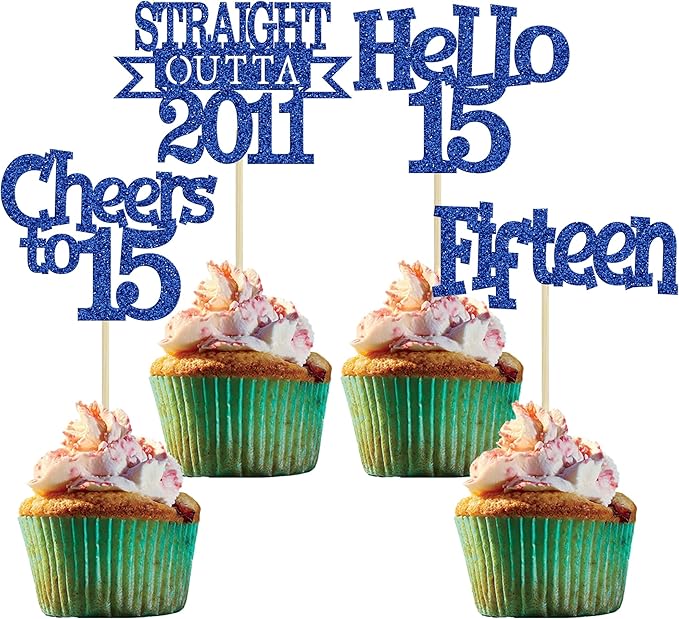 Ephlyn 24Pcs 15th Birthday Cupcake Toppers Glitter Straight Outta 2011 Cupcake Picks Hello 15 Cheers to 15 Years Cake Decorations for 15th Birthday Anniversary Party Decorations Supplies Blue