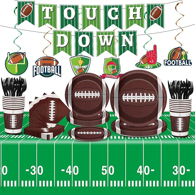 Qyeahkj 184pcs Football Party Supplies Decorations Set Serves 25 Includes Plates Napkins Cups Tablecloth Hanging Swirls Banner Tableware Kit for Football Game Party Decorations Favors
