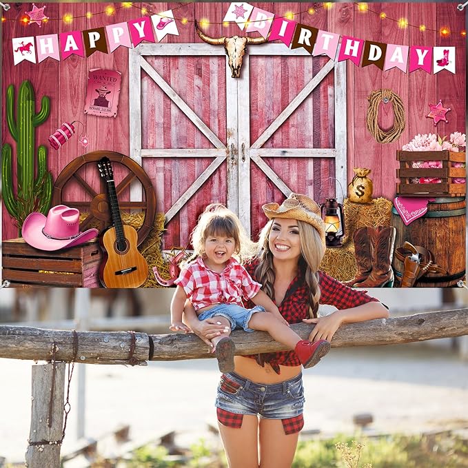 Breling Western Cowgirl Birthday Banner Cowboy Backdrop Photography Booth Prop Pink Cowgirl Party Background for Girls Cowboy Birthday Baby Shower Party Decorations Supplies, 71 x 43 Inch