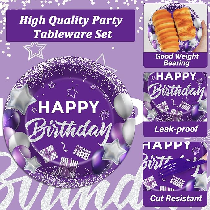 96 Pcs Purple Birthday Party Supplies Paper Plates Napkins Purple Silver Happy Birthday Tableware Set Dinner Dessert Table Decorations Favors for Women Girls Serves 24