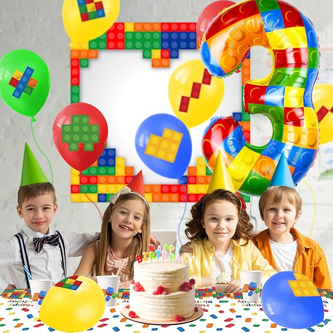 40 Inch Building Block Number Balloon, Colorful Number Block Foil Number 3 Balloons Large Big Numbers Helium Balloon for Girls Boys 1th Birthday Brick Theme Party Decorations (Number 3)
