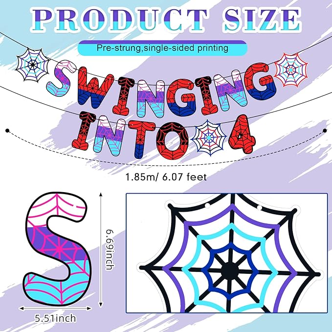 TaoBary Spider Theme 4th Birthday Banner, Pre-strung Swinging into 4 Banner, Spider 4th Birthday Decorations Party Supplies for Kids, Third Decor for 4 Year Old Boys Girls(Family Colors)