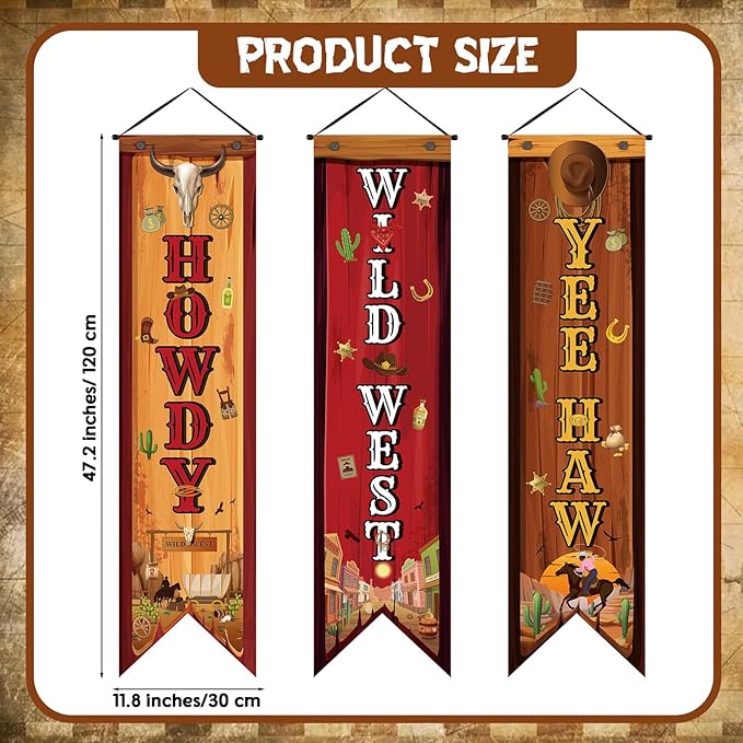 3 Western Party Decorations Cowboy Banners Wild West Hanging Decor Howdy Yes Haw Porch Sign Backdrops for Indoor Outdoor Cowboy Birthday Photo Props Wedding Party Supplies (Western)