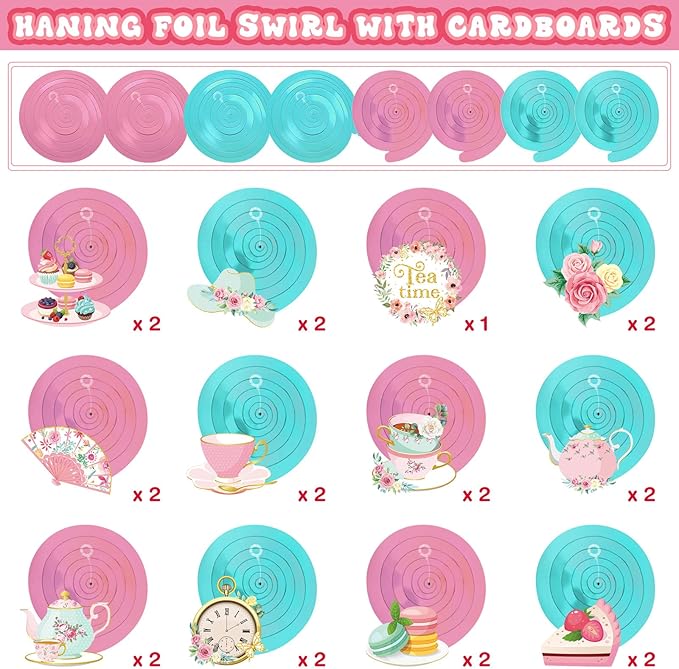 Faccito 53 Pcs Tea Party Decorations Birthday Supplies - Floral Tea Party Birthday Decor Hanging Paper Swirls with Teacup Partea Time Ceiling Decoration for Spring Women Adults Bridal Wedding Favors