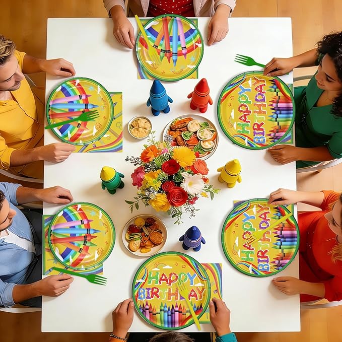 96Pcs Crayon Birthday Party Supplies Colorful Crayon Plates and Napkins Classroom Back to School Tableware Set for Kids Boys Girls First Day of School Birthday Party Decorations Serves 24