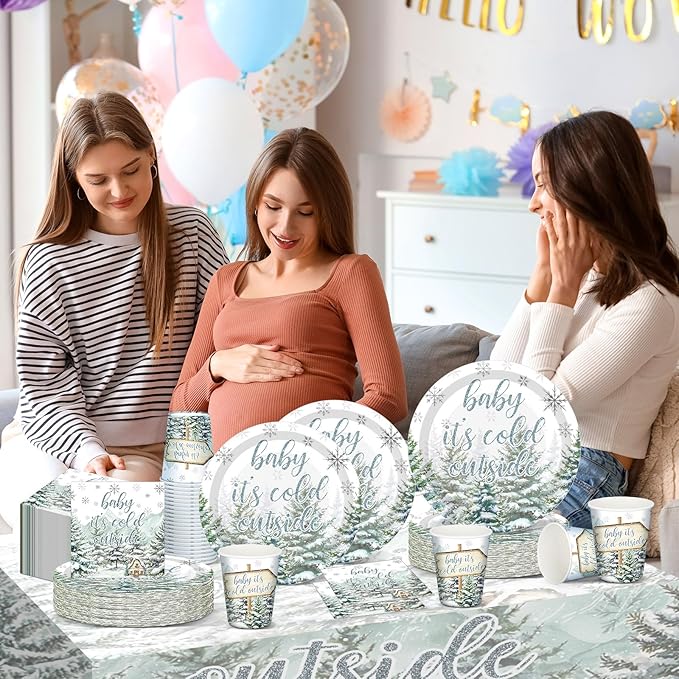 Hushee 200 Pcs Cold Outside Baby Shower Paper Plates Cups Napkins Party Supplies Tableware Set Disposable Cup Napkin for 50 Guest Party Decoration