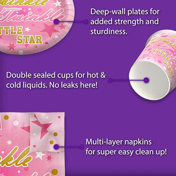 Twinkle Twinkle Little Star Pink Birthday Party Supplies Set Plates Napkins Cups Tableware Kit for 16