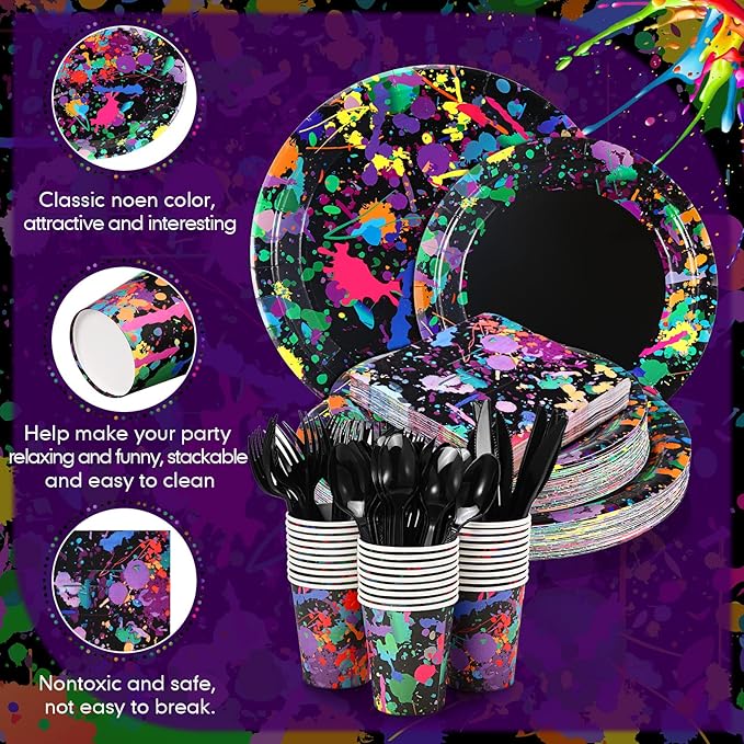 Baderke 252 Pcs Neon Party Supplies for 36 Guests Glow Party Plates Napkins Tableware Cups Knives Forks Spoons Neon Glow Birthday Colorful Graffiti Parties Decoration Favor