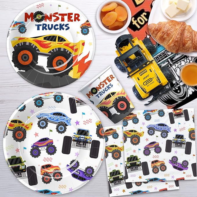 APOWBLS Monster Truck Birthday Party Supplies, Monster Theme Jam Party Decorations Tableware, Plate, Napkin, Tablecloth, Fork, Monster Truck Birthday Plate And Napkin Decorations Dinnerware | Serve 24