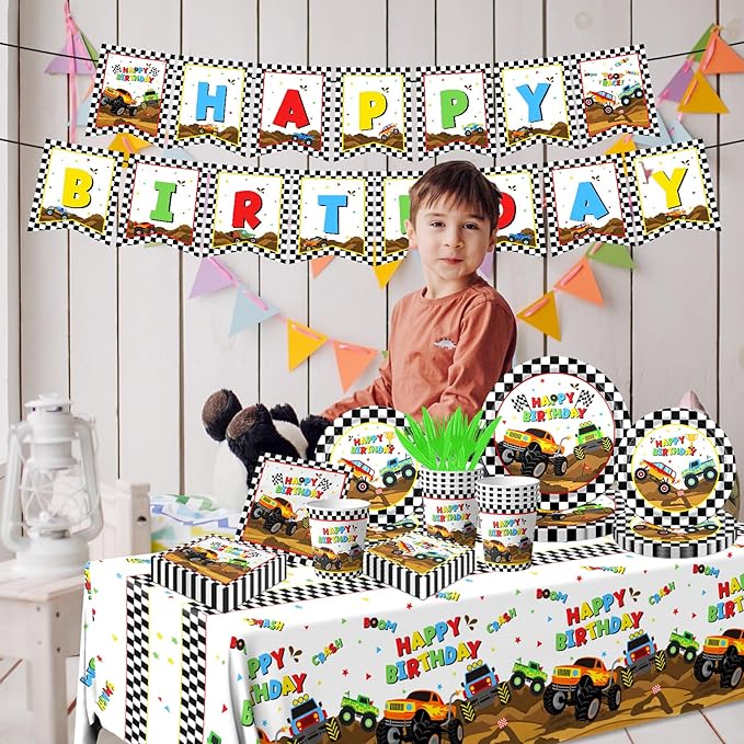 Monster Truck Party Supplies,Monster Machine Happy Birthday Checkered Tableware Sets Include Monster Trucks Theme Party Paper Plate Napkins for Monster Truck Birthday Party Decorations