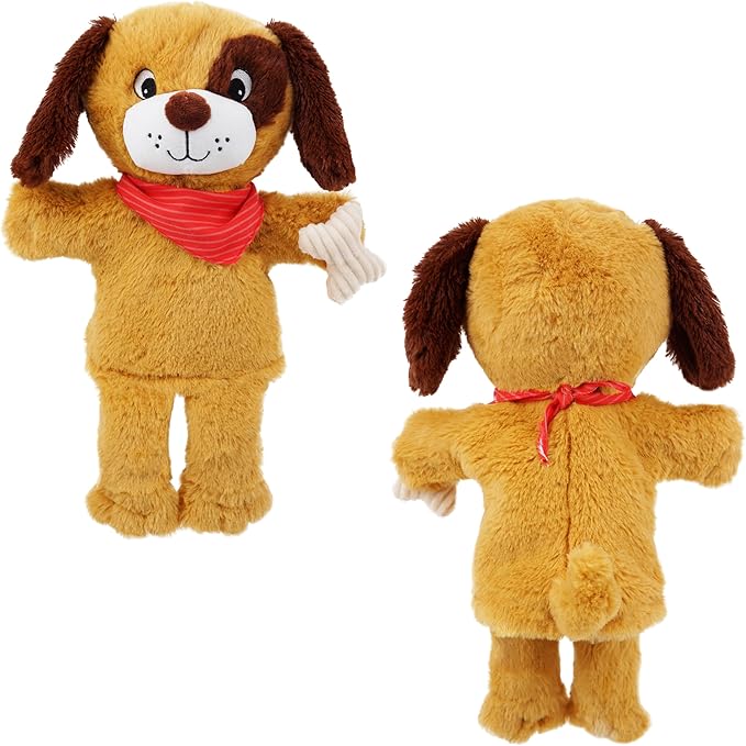 June Garden Plush Dog Hand Puppet – Soft Storytelling Toy with Red Bandana & Bone – Educational Pretend Play for Toddlers and Kids