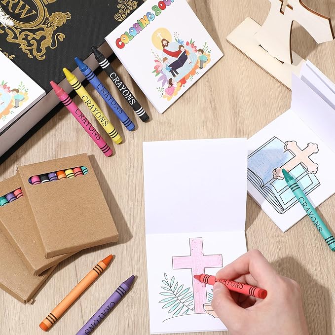 30 Sets 24 Pages Mini Christian Coloring Books with 8 Colors Crayons Bulk, Religious Coloring Books Bible Pages Christian Party Favors Goodie Bag Stuffers Gifts for Activities Church Craft