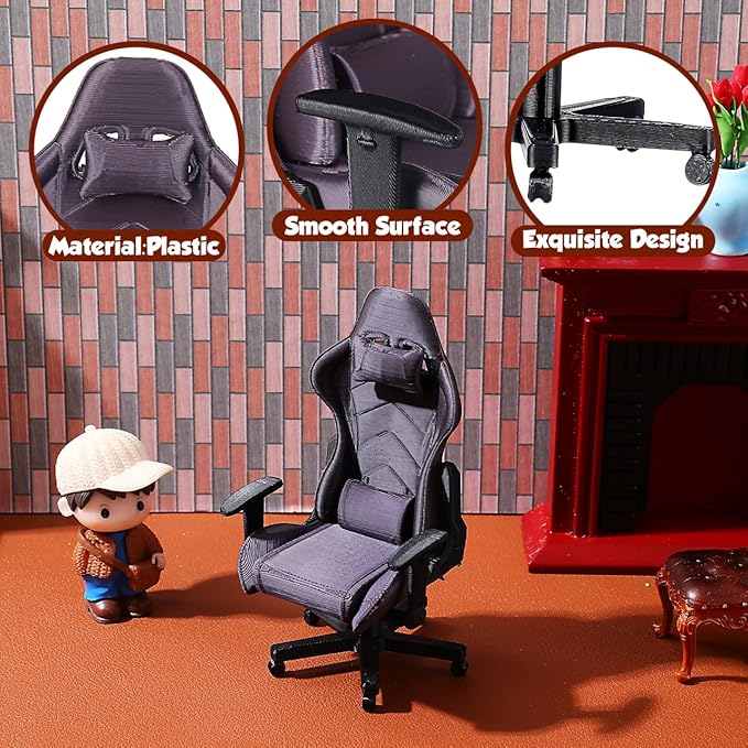 1:12 Scale Miniature Gaming Chair - Doll Computer Chair Model Decor Dollhouse Furniture Accessories for Gamer Collectors, Mini Office Decor & Micro Scene Prop